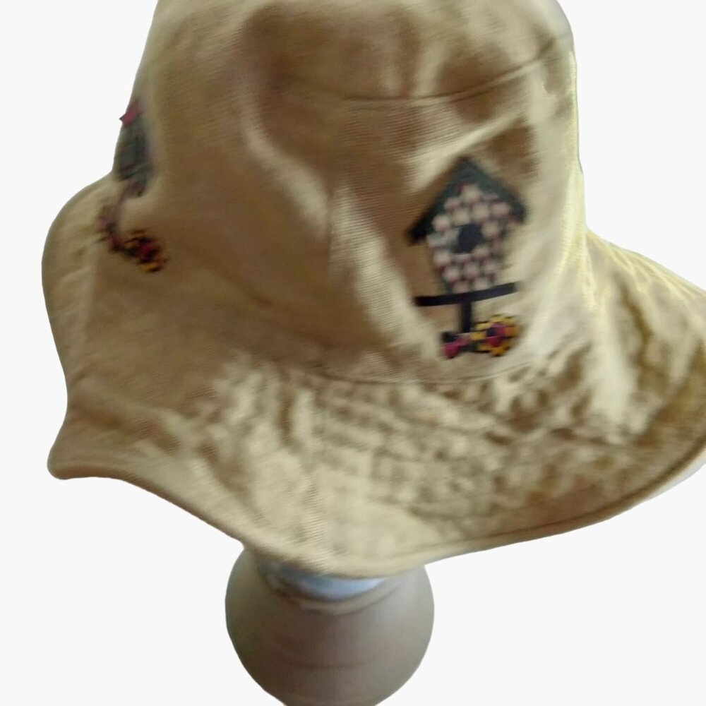 Bucket Hat Cap Birdhouse Garden Khaki Linen Floppy Brim Womens - Picture 3 of 10